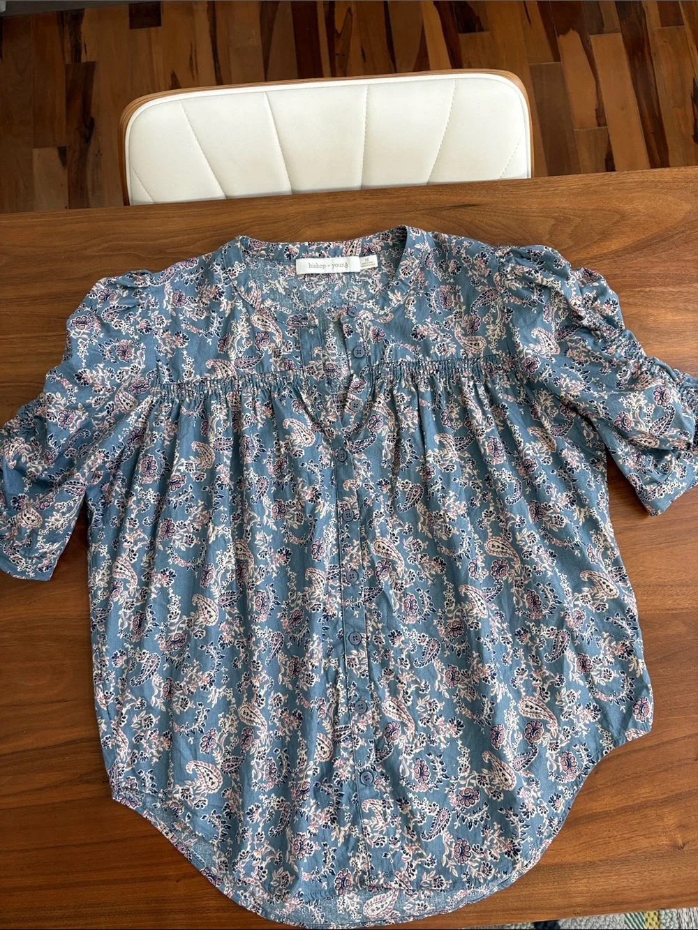 Anthropologie Bishop + Young Rachel Paisley Cotton Blouse Ruched Sleeve Medium - Picture 5 of 9